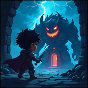 Boy with a sword in the dark against a monster